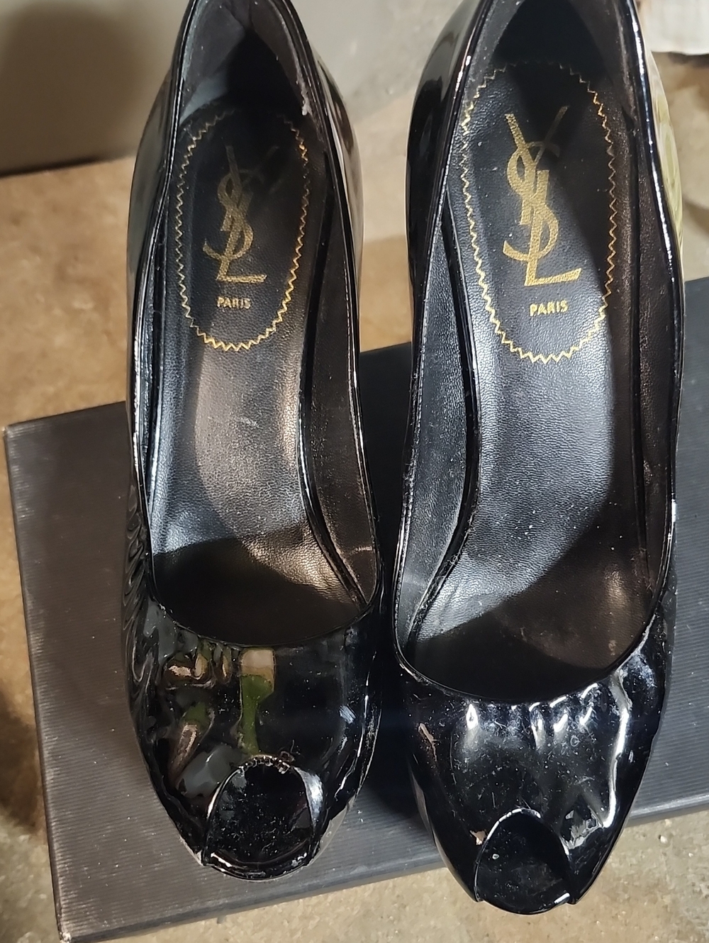 Yves Saint Laurent Black Patent Peep Toe Pumps with Gold Logo